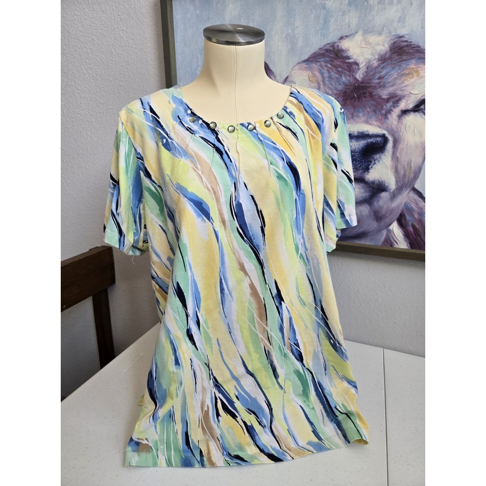 Alfred Dunner Women's Multicolor‎ Paintbrush Watercolor Rhinestone Short Sleeve